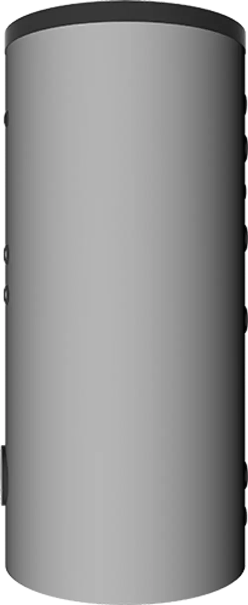 Grauer zylindrischer Wärmespeicher mit zwei seitlichen Glattrohrwärmetauschern und einem schwarzen oberen Deckel.